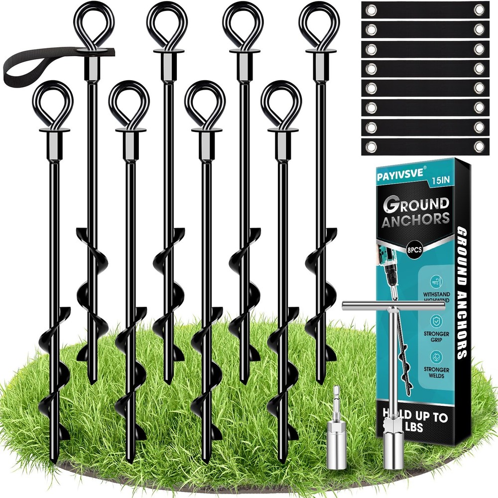 8Pcs 15″ Heavy Duty Screw in Ground Anchors w/ Straps High Wind _ SALE OFF