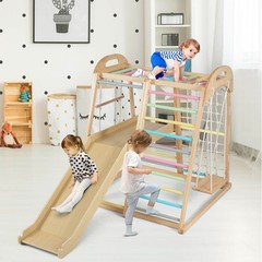 8-in-1 Jungle Gym, Wooden Montessori Climber Playset w/ Slide and Monkey Bar