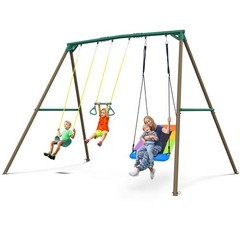 Hapfan 9.5ft Tall Metal Swing Set for Kids Backyard with 3 Swings & Trapeze Bar