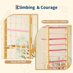 Wooden Kids Indoor Jungle Gym 8 in 1 Climbing Structure Slide Swing Monkey Bars