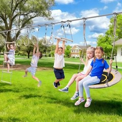 Ninja Warrior Obstacle Course Swing Set for Kids with Weather 60 FT Beige
