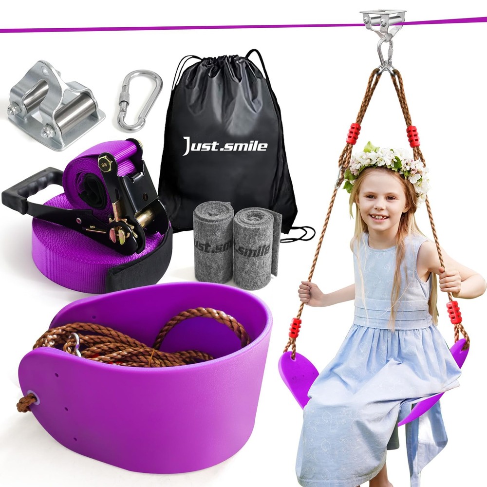 Zip ine Kit for Kids Outdoor,Stainless steellackline 60ft x 8ft, Purple