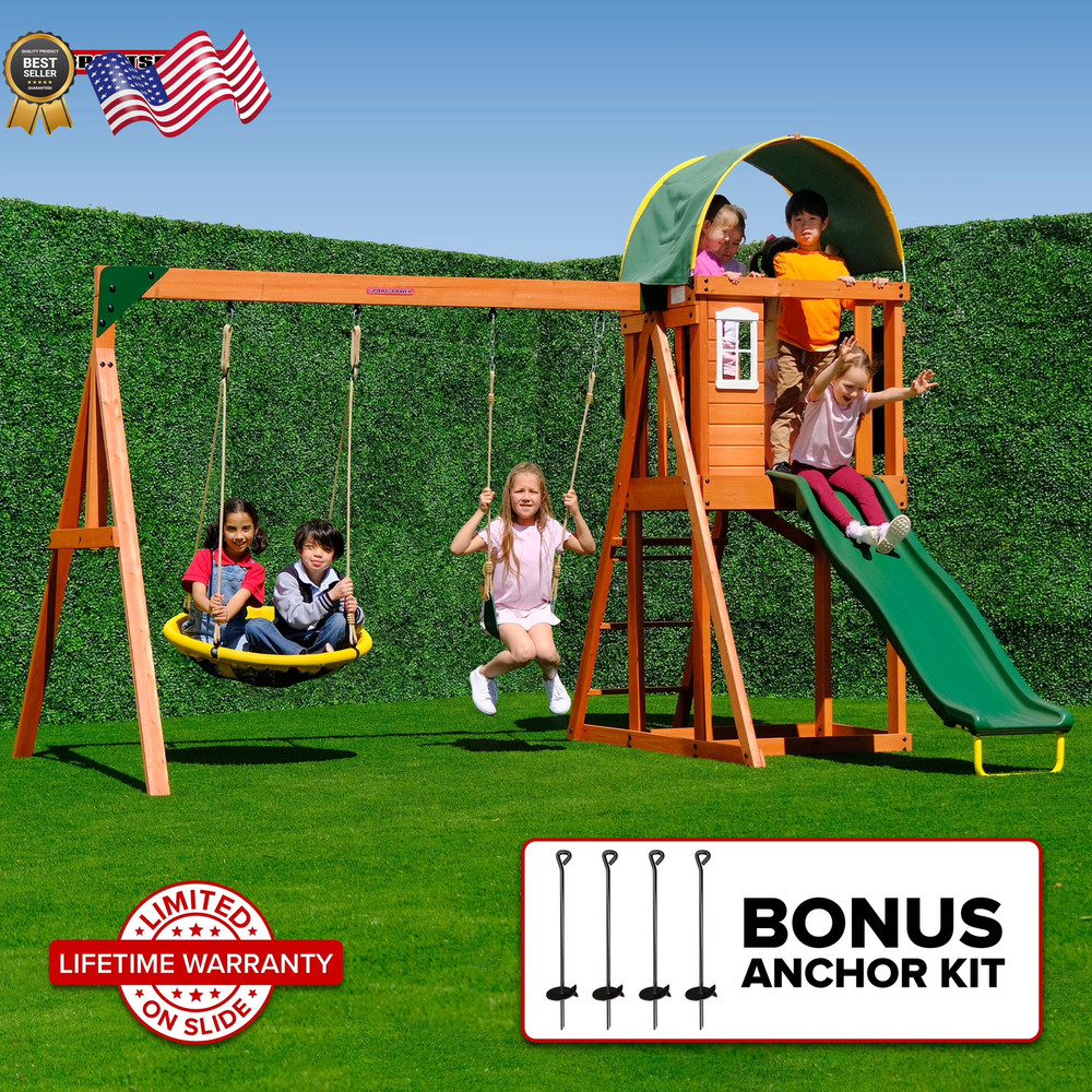 WOODEN SWING SET W/ 2-PERSON SAUCER SWING 6′ SLIDE PLAYGROUND NEW