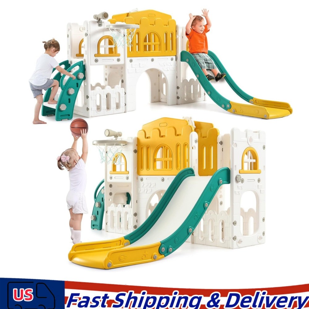 8 In 1 Toddler Slide Indoor Playground, With Slide, Basketball Hoop and Climber