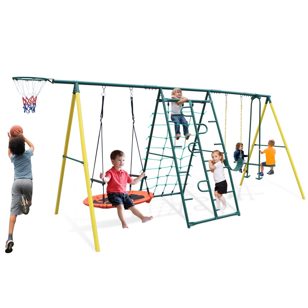 Hammock Swing Set Climbing Net Glider Swing Belt Basketball Rim Garden Backyard