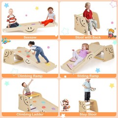 Wooden Climbing Toy Triangle Climber Set of 2 w/Seesaw Dual-sided Ramp Indoor