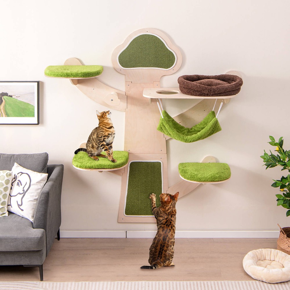 Wall-Mounted Cat Tower w/ Bed Hammock Sisal Scratching Post & Mats Cushions