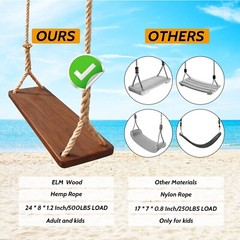 Wooden Swing,Seat 24″x 8″x 1.2,500lbs,Adjustable Hemp Rope & Extension Tree S…