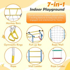 7 in 1 Indoor Playground Wall Gym with Monkey Bars and Gymnastic Rings