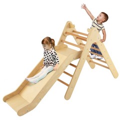 2-in-1 Wooden Climbing Triangle Set Triangle Climber w/ Ramp Natural