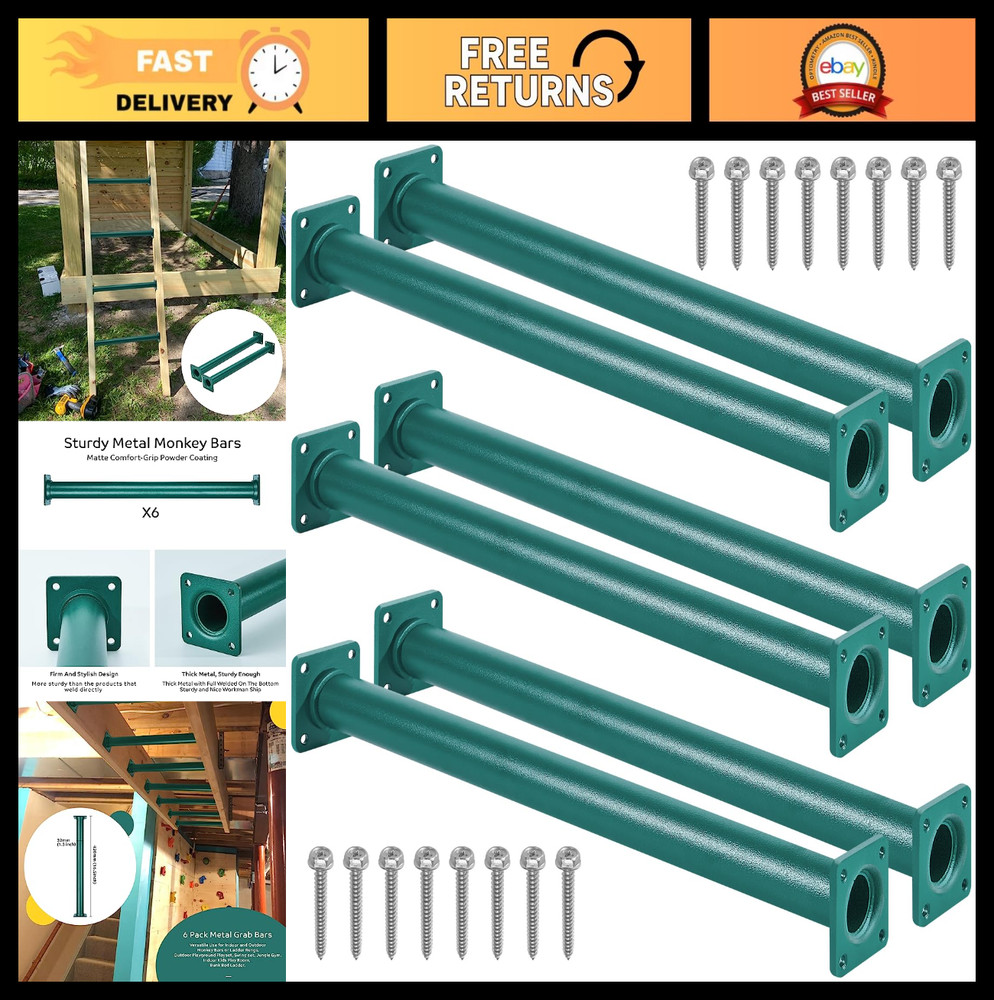Set of 6 Metal Monkey Bars for Backyard Playset – 16.5″ Climbing Handles, Green