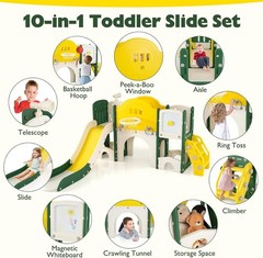 10 in 1 Toddler Slide Set Kids Slide & Climber Playset W/ Magnetic Whiteboard
