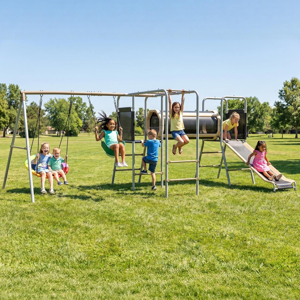 Metal Swing Set with Saucer Swing, Belt Swings, Climbing Ladder and 6ft Slide