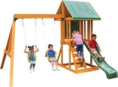 Durable Appleton Wooden Swing Set with Slide, Rock Wall & Chalkboard for Kids