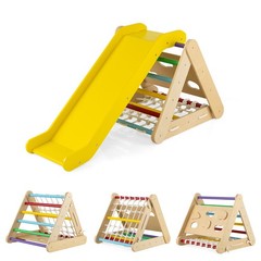 4 in 1 Wooden Climbing Set w/ 3-Side Triangle Climber & Sliding Board Multicolor