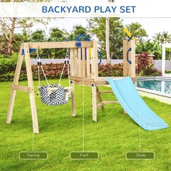 Outsunny Wooden Swing Set with Slide, Baby Swing Seat, Fort for 1.5-4 Years