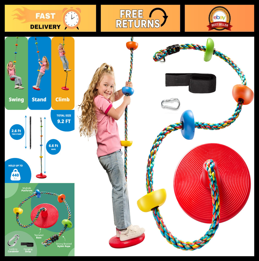 Outdoor Tree Swing for Kids – Single Disc Seat, Rainbow Climbing Rope & Carabine
