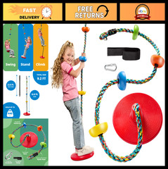 Outdoor Tree Swing for Kids – Single Disc Seat, Rainbow Climbing Rope & Carabine