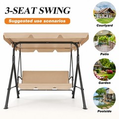 Garvee 3-Seat Patio Swing, Adj. Canopy, Thick Cushions, 500lb Cap. for Adults