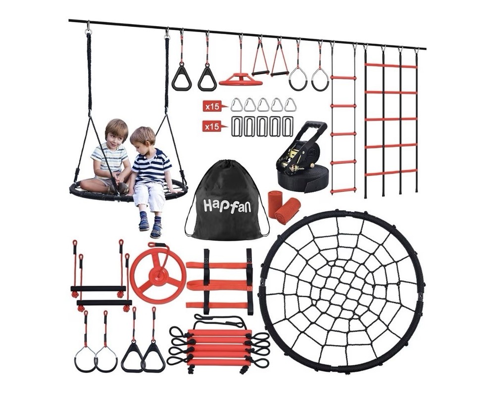 50 Ft Ninja Warrior Obstacle Course for Kids with Tree Swing, Portable Slackline
