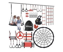 50 Ft Ninja Warrior Obstacle Course for Kids with Tree Swing, Portable Slackline
