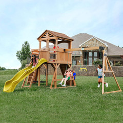 Backyard Discovery Sterling Point Cedar Wood Swing Set with Wave Slide Raised