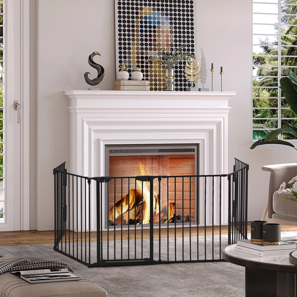 6-Panel Fireplace Safety Fence Pet Gate 5-in-1 Metal Play Yard for House Stairs