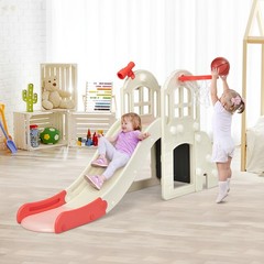 6-In-1 Large Slide for Kids Toddler Climber Slide Playset w/ Basketball Hoop