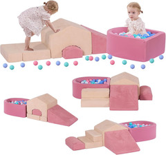 5-Piece Foam Climbing Blocks for Toddlers with Ball Pit,Pink & Beige | Mini Hous