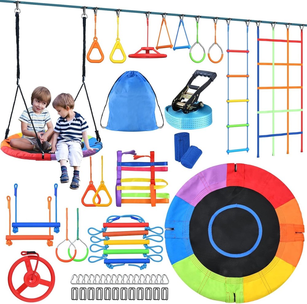 Hapfan 50FT Backyard Obstacle Course Ninja Warrior Playset with Swings for Kids