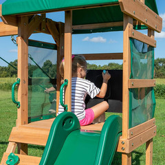 Buckley Hill Cedar Wood Swing Set with Wave Slide, Play Deck, Rock Wall Ladder,
