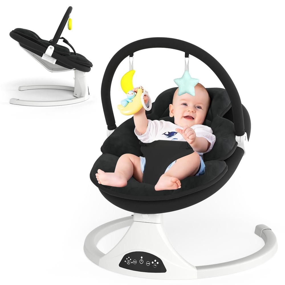 Electric Baby Swing Remote Control 5 Speeds Detachable Seat Black 0-6M