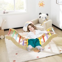 Costway 3-in-1 Kids Climber Set Wooden Arch Triangle Rocker w/ Ramp & Blue Mat