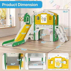 9-In-1 Toddler Slide Playground W/ LED Lights, Basketball Hoop & Drawing Board,