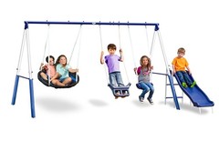 Swingin’ More Fun – Outdoor Backyard Playground Kids Swing Set. White/Blue