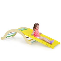 Costway 3-in-1 Kids Climber Set Wooden Arch Triangle Rocker w/ Ramp & Blue Mat