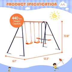 Metal Kids Play Swing Set W/ 2 Seats 1 Glider Outdoor Playground 440lbs Capacity