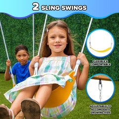 Wooden Swing Set Outdoor Slide Playhouse Sandbox Durable Covered Deck Ages 3+