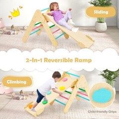2-in-1 Wooden Climbing Ladder Kids Triangle Climber Toy w/Climbing Ramp and Arch