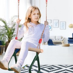 Playground Children’s Wooden Trapeze Swing Bar with Plastic Gym Rings Swing S…