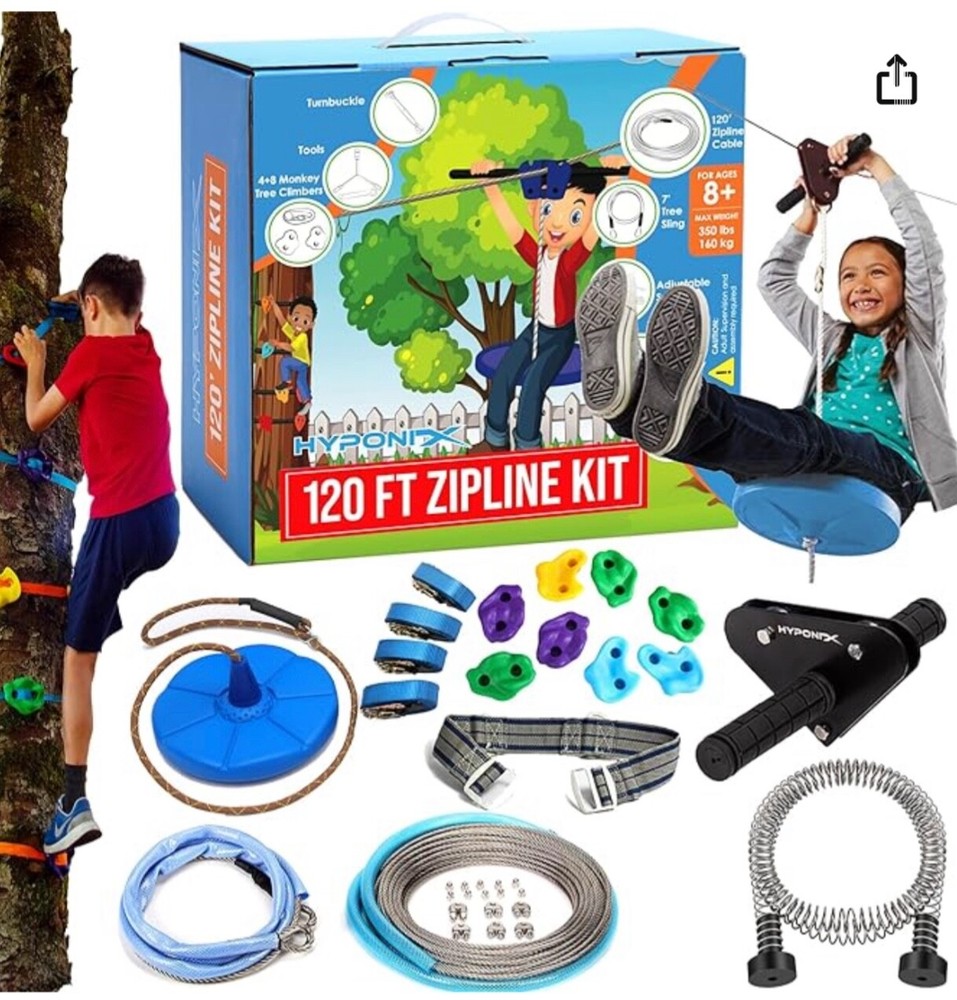 NEW! Hyponix 120’ Zip Line W/bonus Tree Climbers for Kids and Adults Outdoor Fun