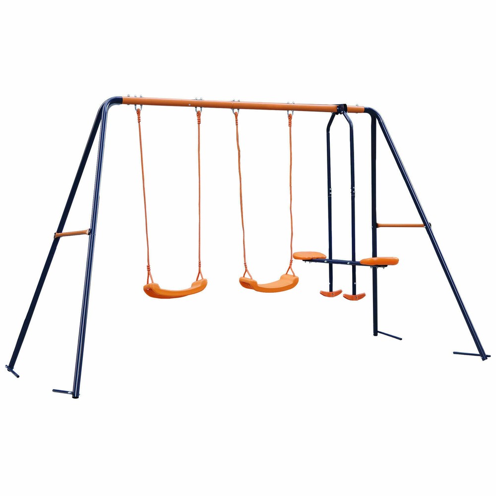 Double Swings Set Sturdy Metal Swing w/1 Seesaw Set for Children Outdoor Play