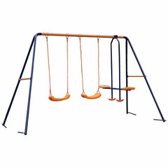 Double Swings Set Sturdy Metal Swing w/1 Seesaw Set for Children Outdoor Play