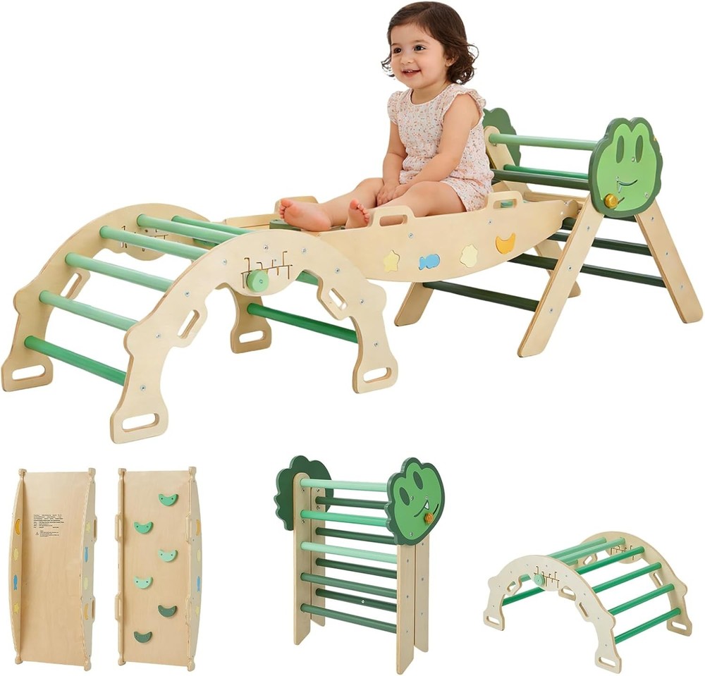 Pikler Triangle Climbing Set, 7-in-1 Foldable Wooden Toddler Climbing Toys Set