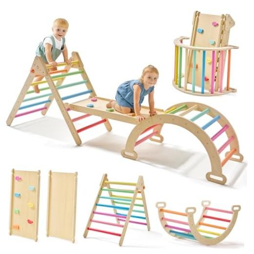 Pikler Triangle Set, 7-in-1 Foldable Pikler Triangle Climbing Standard Rainbow