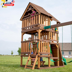 Highlander Cedar Wood Swing Set with Wave Slide Three Story Clubhouse Rock Wall