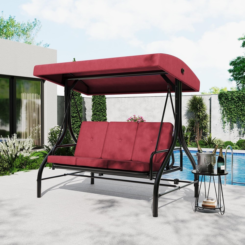Red 3-Seat Patio Swing, 180° Reclining Bed, Adjustable Canopy, 800lb Steel
