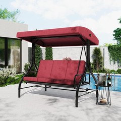 Red 3-Seat Patio Swing, 180° Reclining Bed, Adjustable Canopy, 800lb Steel