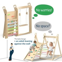 Montessori 4-in-1 Wooden Climbing Playset with Swing & Slide | Toddler Indoor