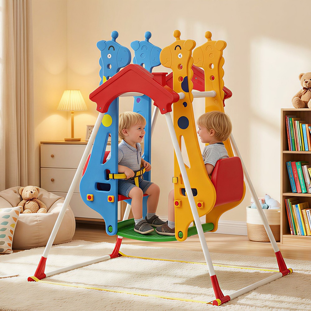 Kids Indoor Swing with Double Seats and Safety Belts, Mixed-Color